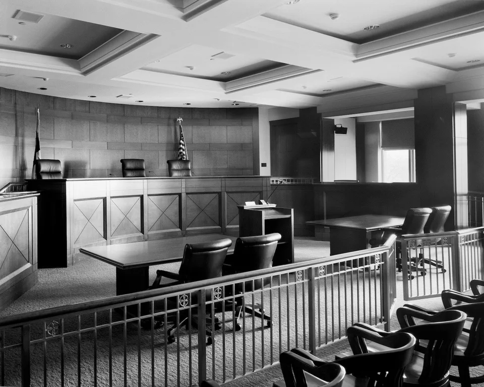 Black and white photograph of the Iowa Court of Appeals Courtroom
